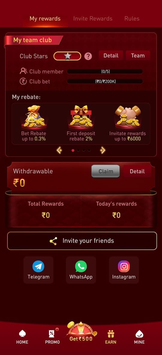 xx7 app rewards page showing team club, bet rebate and invite rewards