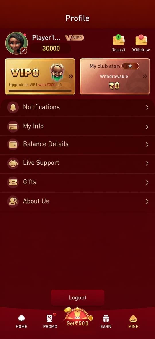 xx7 app profile screen showing VIP level, club star and account menu